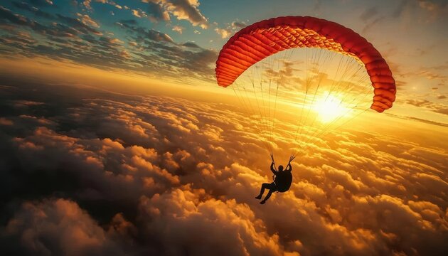 Paraglider flying over clouds at sunset.