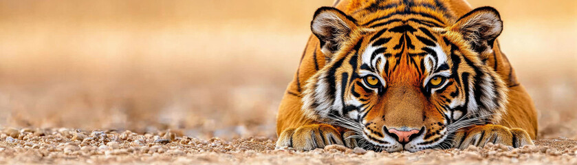 Obraz premium Majestic tiger lying down on the ground against a warm background, showcasing the beauty and power of wildlife in its natural habitat.