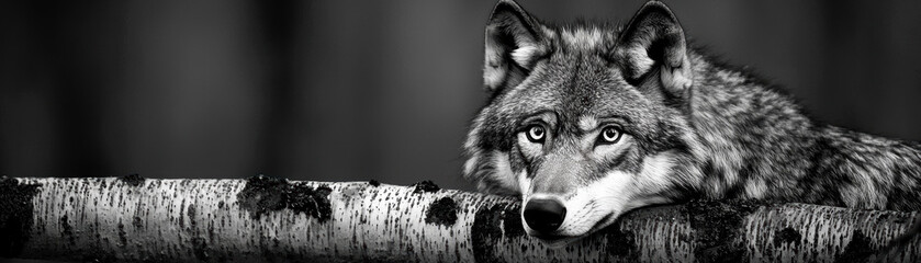 Obraz premium Monochrome image of a wolf resting its head on a birch tree trunk, highlighting the animal's serene expression and the intricate detail of its fur.