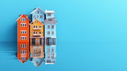 Fototapeta premium Colorful houses reflected in calm water with a vibrant blue background, showcasing tranquility and modern architecture.