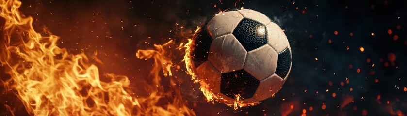 Fototapeta premium A soccer ball surrounded by swirling flames, captured in a moment of powerful impact, set against a dark, smoky background intense and dramatic