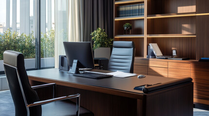 A Greek businessperson's desk with a laptop and neat, efficient setup