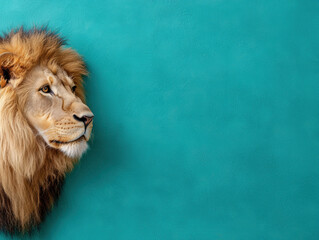 Portrait of a majestic lion with a teal background, exuding strength and power. Perfect for wildlife and nature-themed designs.