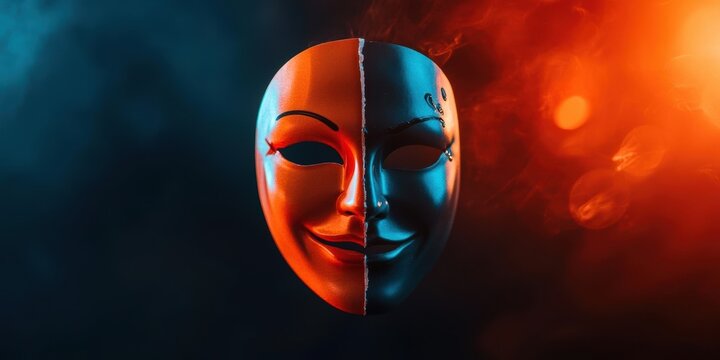 Dual-faced mask with contrasting expressions against a smokey background.