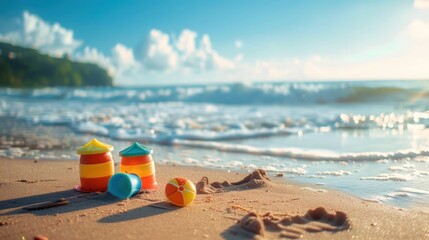 Close-up of colorful bucket and sand toys placed on the sand with baby footprints.