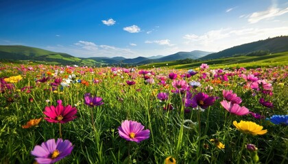 Vibrant wildflowers bloom in a lush meadow, creating a breathtaking display of color against a backdrop of rolling hills and a clear blue sky.