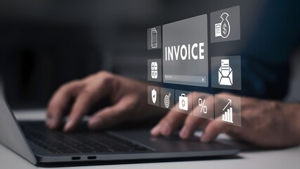 A business person using laptop with Invoice and online digital statements concept on virtual touch...