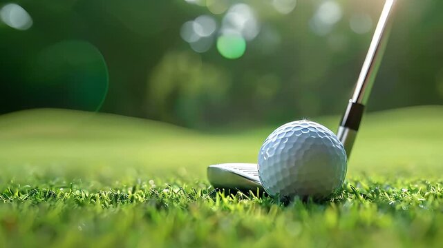 Close-up of a golf club poised to hit a golf ball on a lush green course
