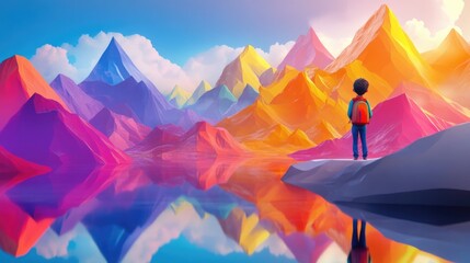 Fototapeta premium 3D cartoon boy gazing at colorful mountains and a shimmering lake with reflections