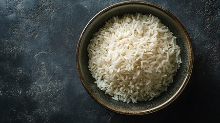 Overhead view of a bowl of uncooked white rice on a dark textured surface.