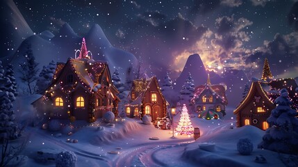 A small nighttime candy house village in the snow