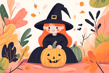 A cheerful witch with red hair sits beside carved pumpkin, surrounded by colorful autumn leaves, evoking playful Halloween spirit.