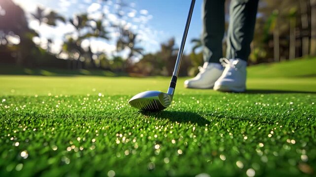 Close-up of a golf club poised to hit a golf ball on a lush green course