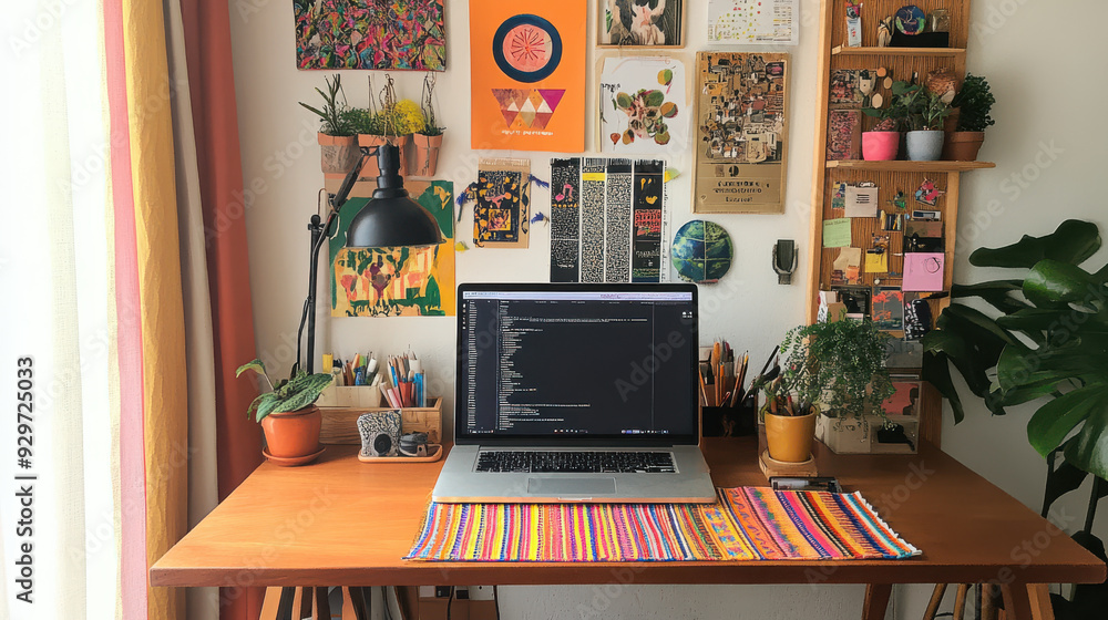 Poster a minimalist scandinavian desk setup with a laptop and neat organization