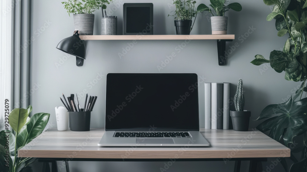 Poster a minimalist scandinavian desk setup with a laptop and neat organization