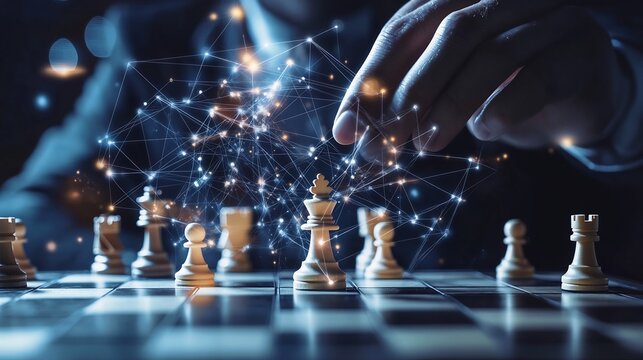 business organize strategy brainstorm chess board game with hand touch king figure double exposure with digital graphic line connecting diagram business ideas concept