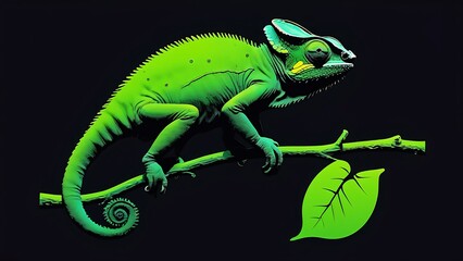 Fototapeta premium Green chameleon blending into lush leaves on a branch with a dark green background. Suitable for nature and wildlife designs.