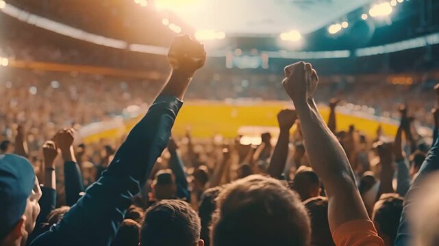 Cheering fans celebrate in a packed stadium during a thrilling soccer match