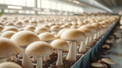 Obraz premium Fresh mushrooms growing in a well-lit greenhouse, showcasing their natural beauty and sustainable farming practices.