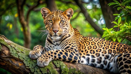 Fototapeta premium Majestic leopard with piercing green eyes and golden fur lounges in a tree, its powerful legs and tail curled up in a serene jungle setting.