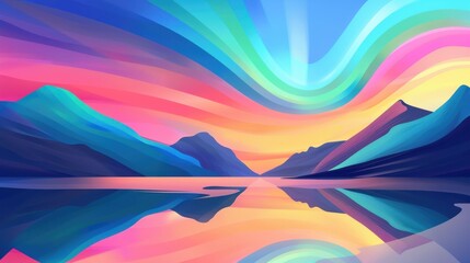 A vibrant scene where colorful lights waltz over serene mountains, mirrored perfectly in a calm lake below.