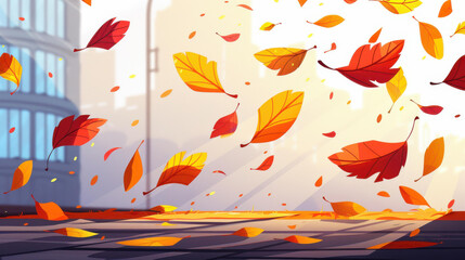 Vibrant autumn leaves drift onto a city sidewalk, illuminated by warm sunlight in a charming cartoonstyle illustration.