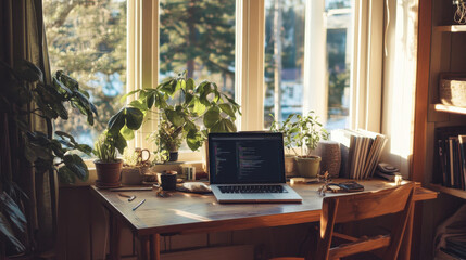 A Norwegian writer's workspace with a laptop and cozy, tidy environment