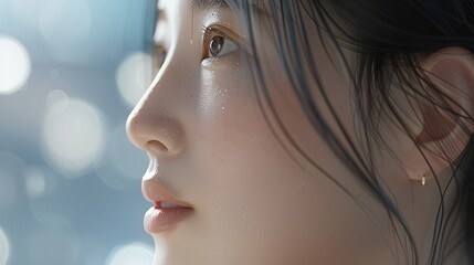 Fototapeta premium Close up profile of a young Asian woman looking up against a soft blue bokeh background.