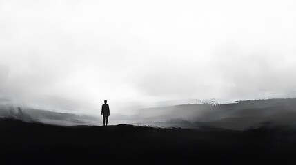  a monochromatic landscape featuring a lone silhouette