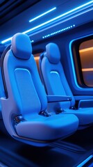 Fototapeta premium Futuristic blue seats in a modern vehicle interior, highlighting comfort and technology with ambient lighting.