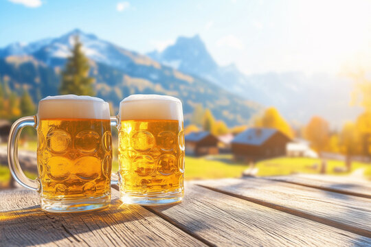 Zwei frisch gezapfte Bier in den Bergen in Bayern