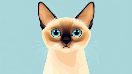Fototapeta premium A charming portrait of a Siamese cat with striking blue eyes on a soft blue backdrop. Perfect for pet lovers