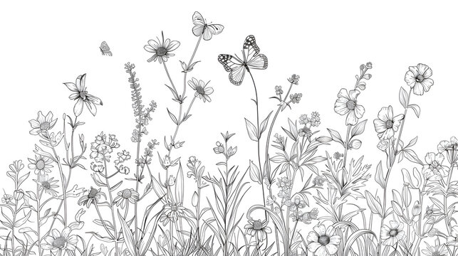 Group of Wildflowers, herbs, flowers, plants and butterflies flyng around. Outline Style