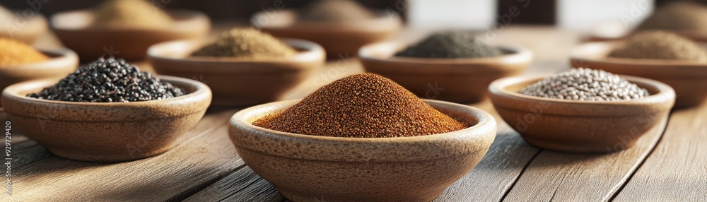 Poster a variety of spices in wooden bowls displayed on a table, showcasing different colors and textures i