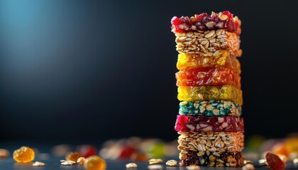 Colorful stack of granola bars with various fruits and nuts.