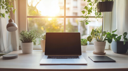 Fototapeta premium A Romanian entrepreneur's desk with a laptop and tidy, clean environment