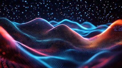 Abstract Wavy Landscape of Glowing Dots and Lines