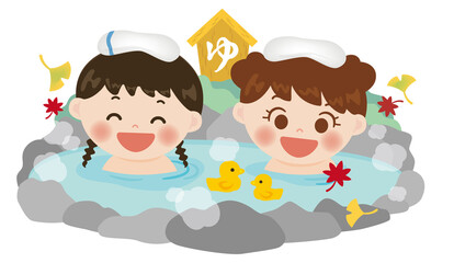 温泉に入る女の子たちのイラスト　秋