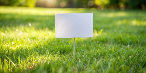 Blank temporary yard sign stuck into grass with shallow depth of field and copy space, yard sign