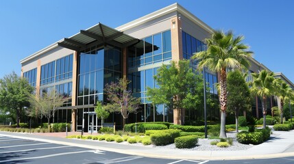 Modern Office Building with Palm Trees and Landscaping