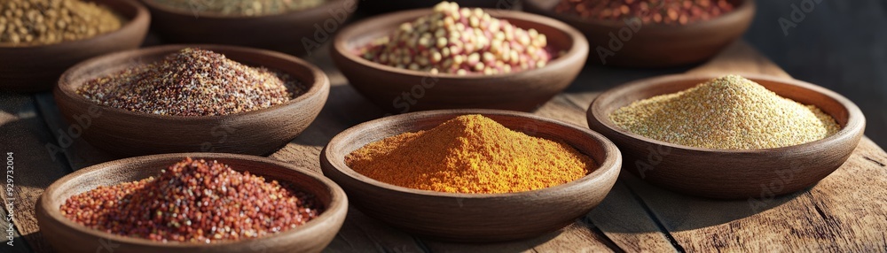 Poster assorted spices in wooden bowls on a rustic table, showcasing a vibrant array of colors and textures