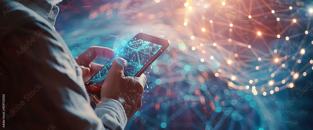 Poster person using a smartphone with a glowing digital network in the background.