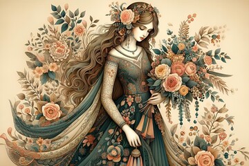 Fototapeta premium Whimsical Folk Botanical Art of a Girl in a Long Dress with a Flower Bouquet – Detailed Illustration for Floral-Themed Art and Decorative Home Accents