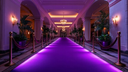 Elegant purple carpet hallway with chandeliers and luxury plants on the sides