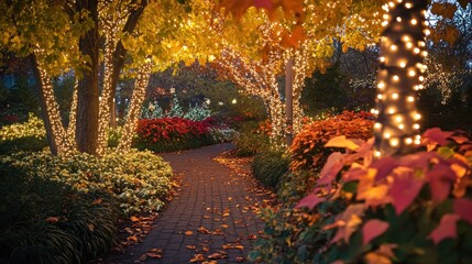 Illuminated Path Through a Festive Autumnal Garden