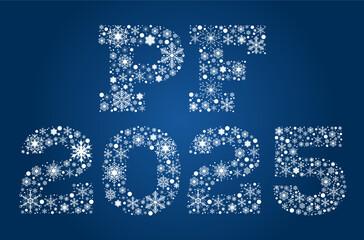 Inscription PF 2025 from white snowflakes on blue background