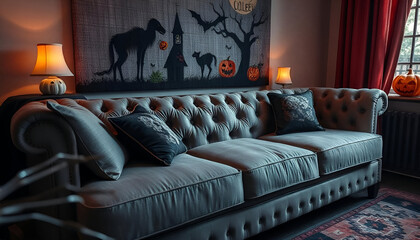 A cozy living room decorated for Halloween