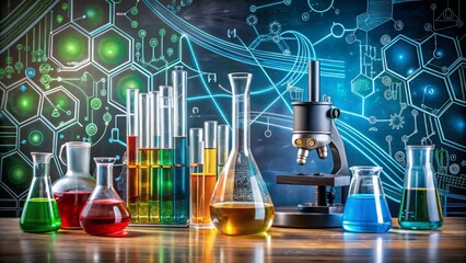 Microscopic view of a futuristic laboratory with colorful test tubes, beakers, and petri dishes, surrounded by formulas and diagrams on a chalkboard background.