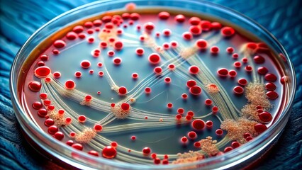 Microscopic view of Serratia marcescens bacteria, a gram-negative rods species, causing nosocomial infections, shown in a petri dish with red pigment production.