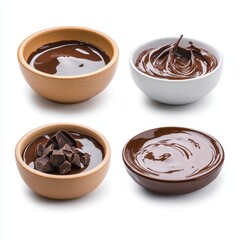 Four bowls of rich chocolate showcasing different textures and forms, perfect for desserts and culinary presentations.
